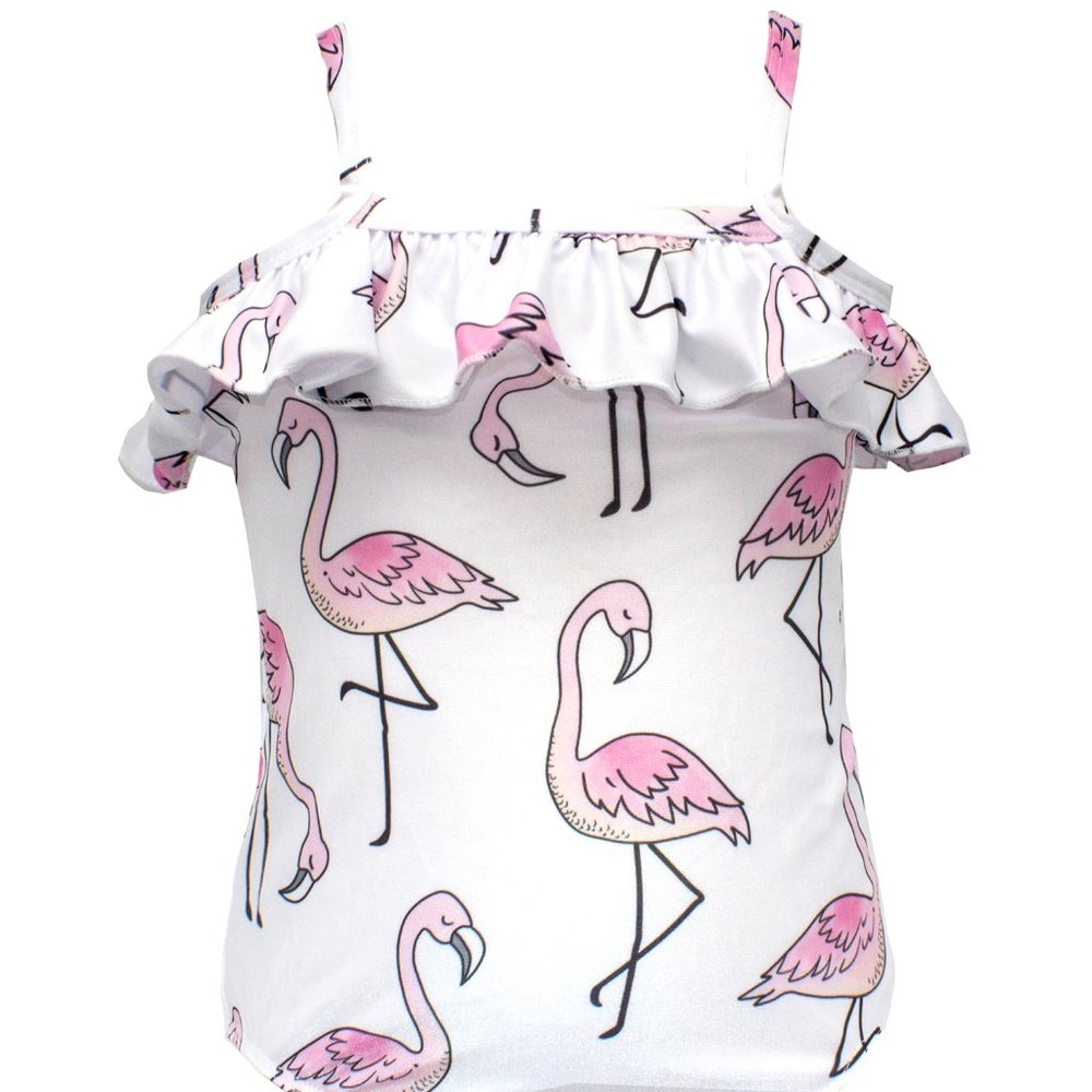 White Flamingo Ruffled Little Girl One-Piece Swimsuit